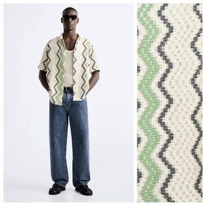 NWT. Zara Man White/Green Geometric Pattern Crochet Lace Shirt. Size S.